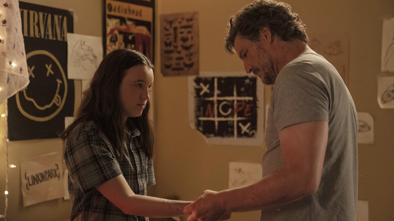 Joel inspecting Ellie's right forearm in The Last of Us season 2 episode 6