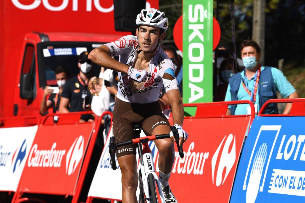 MOS SPAIN SEPTEMBER 04 Clment Champoussin of France and AG2R Citren Team celebrates winning during the 76th Tour of Spain 2021 Stage 20 a 2022km km stage from Sanxenxo to Mos Alto Castro de Herville 502m lavuelta LaVuelta21 on September 04 2021 in Mos Spain Photo by Tim de WaeleGetty Images