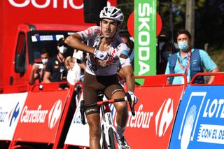MOS SPAIN SEPTEMBER 04 Clment Champoussin of France and AG2R Citren Team celebrates winning during the 76th Tour of Spain 2021 Stage 20 a 2022km km stage from Sanxenxo to Mos Alto Castro de Herville 502m lavuelta LaVuelta21 on September 04 2021 in Mos Spain Photo by Tim de WaeleGetty Images