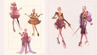 video game concept art tutorial; sketches of costume designs
