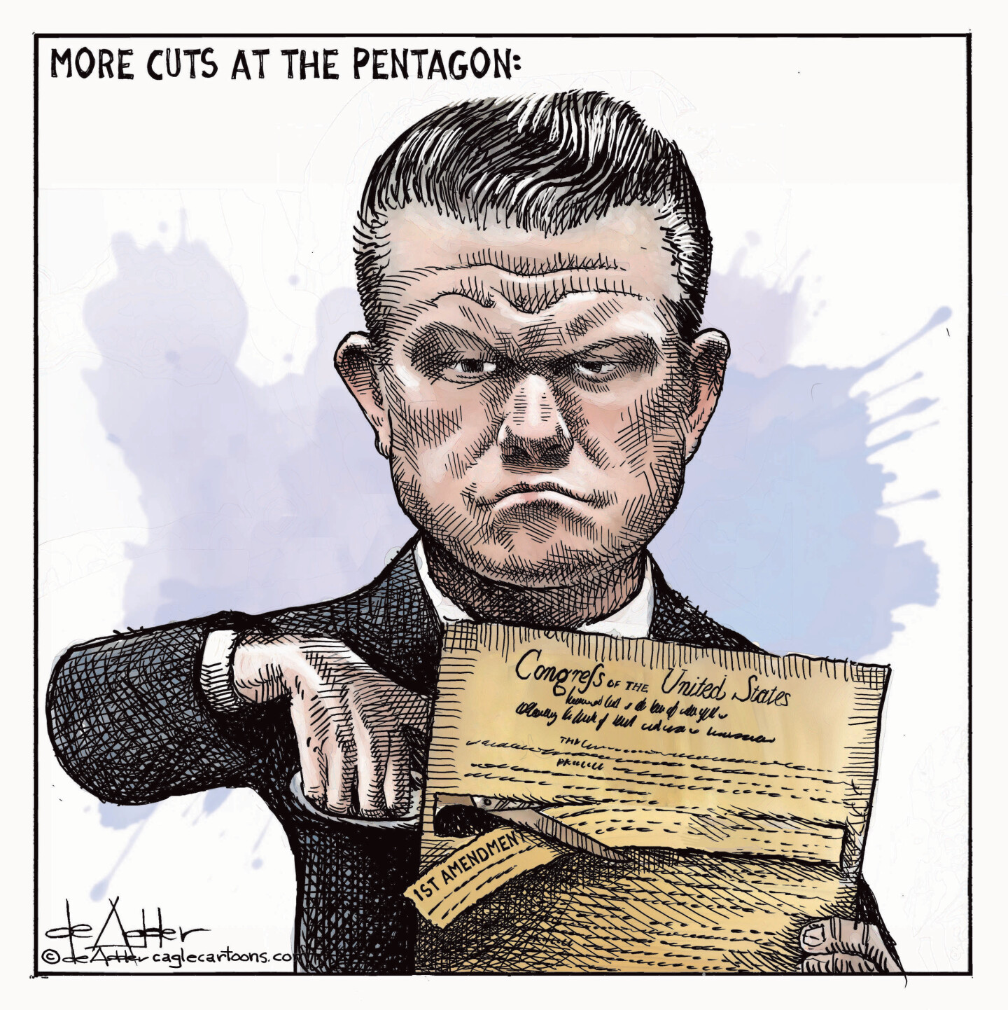This cartoon is titled &amp;ldquo;More Cuts at the Pentagon.&amp;rdquo; It depicts an angry Pete Hegseth scowling as he uses a pair of scissors to cut the first amendment out of the Bill of Rights.