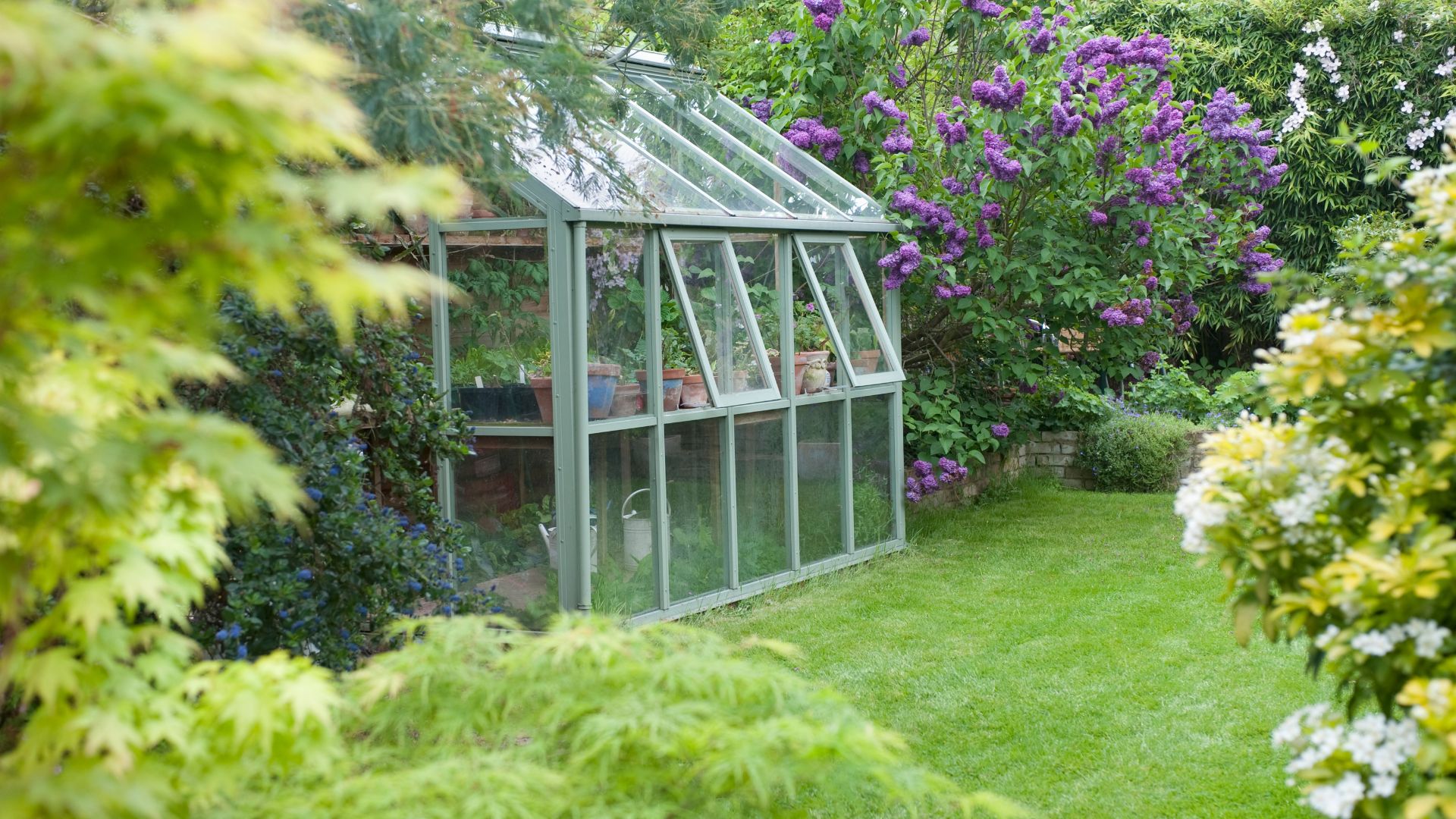 picture of glass greenhouse in english garden with flowers around it