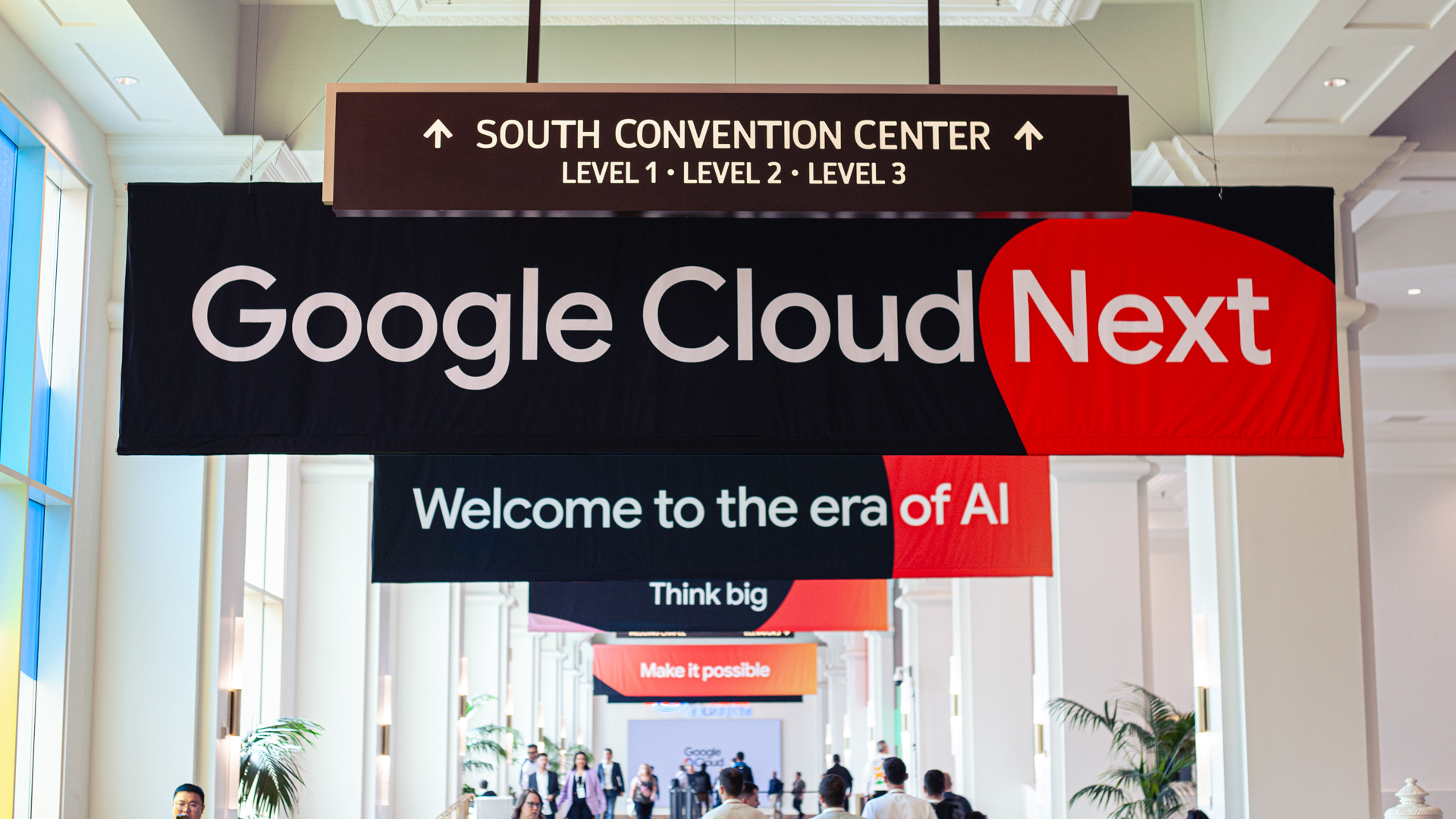The Google Cloud Next banner on site at the conference floor of the Mandalay Bay, Las Vegas.
