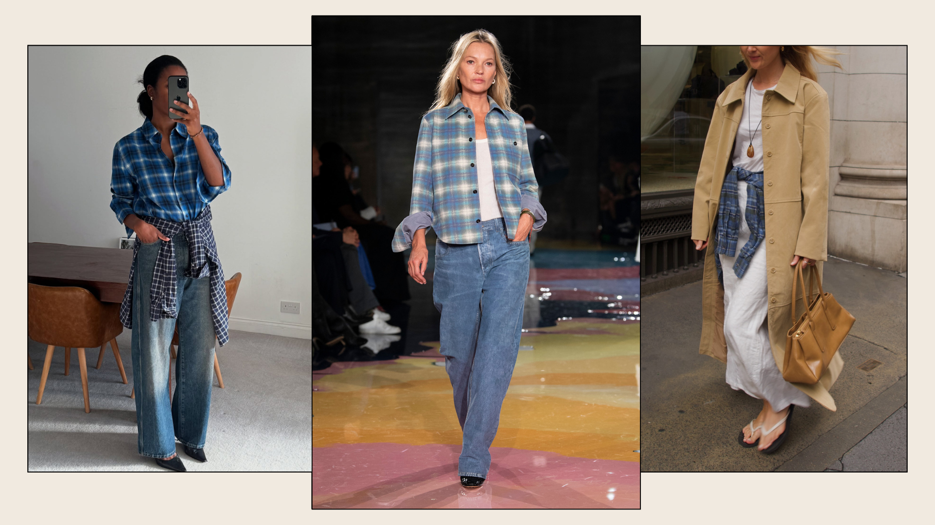 A collage of the best flannel shirts, including a Bottega Veneta style as Kate Moss and COS's viral option.