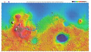 The Mars Orbiter Laser Altimeter onboard NASA's Mars Global Surveyor spacecraft measured the difference in height of the surface of Mars. Blue corresponds to low-lying terrain, while the brighter colors indicate elevated terrain. The divide between north and south is dramatic, and some planetary scientists have speculated the north could once have held an ancient ocean.