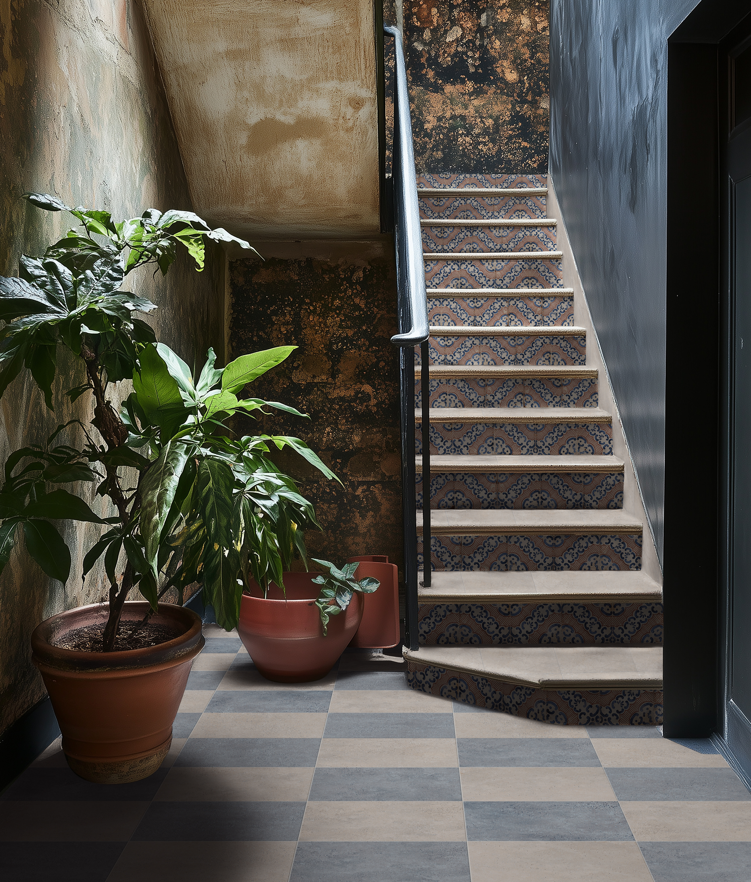 staircase with tiled risers and lots of pot plants nearby