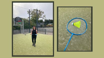 Susan Griffin playing badminton for beginners on court and view of racquet