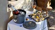 A rosé bottle in a grey Staub Cast-Iron Fonte Sauce Pot, next to a platter of oysters