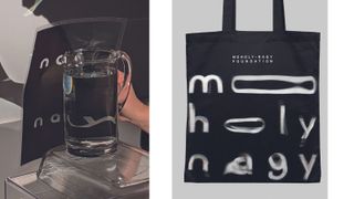A behind-the-scenes photograph of the Moholy-Nagy Foundation logo being photographed through a glass of water, beside an image of the resulting distorted typeform being printed on a tote bag