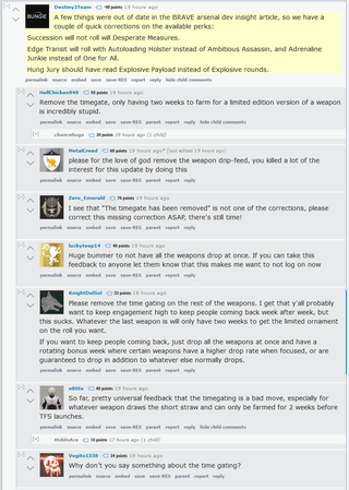 A reddit thread showing many users complaining about timegated weapons.