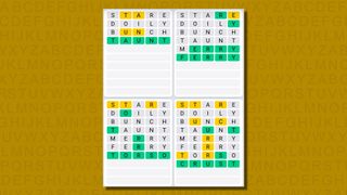 Quordle daily sequence answers for game 648 on a yellow background