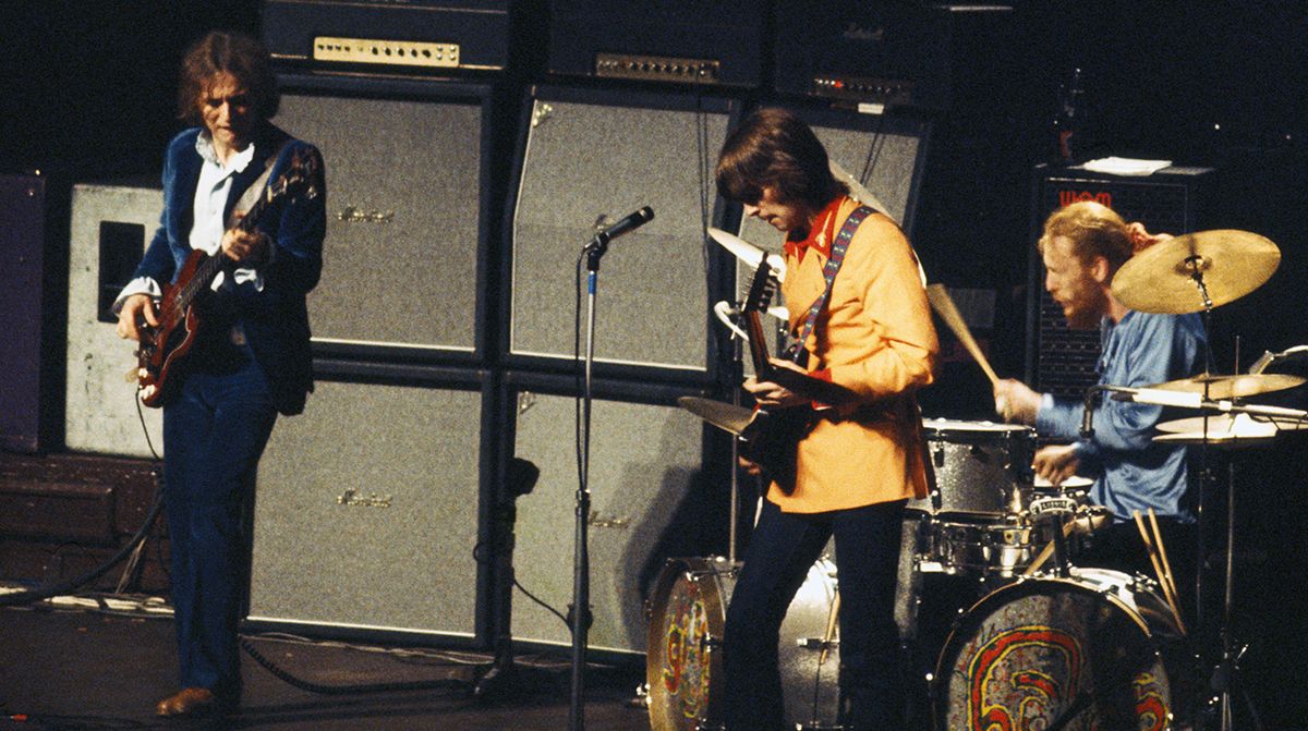 British blues-rock band Cream live in concert at the Royal Albert Hall in London, 26th November 1968. From left to right, bassist Jack Bruce, guitarist and vocalist Eric Clapton and drummer Ginger Baker. 