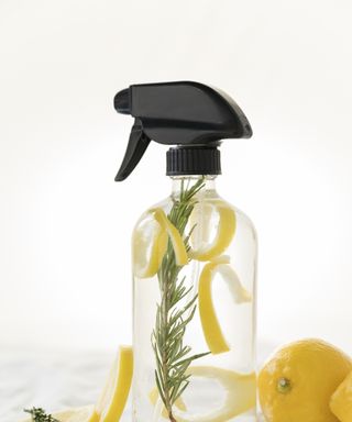 Spray bottle with lemon peel and rosemary inside