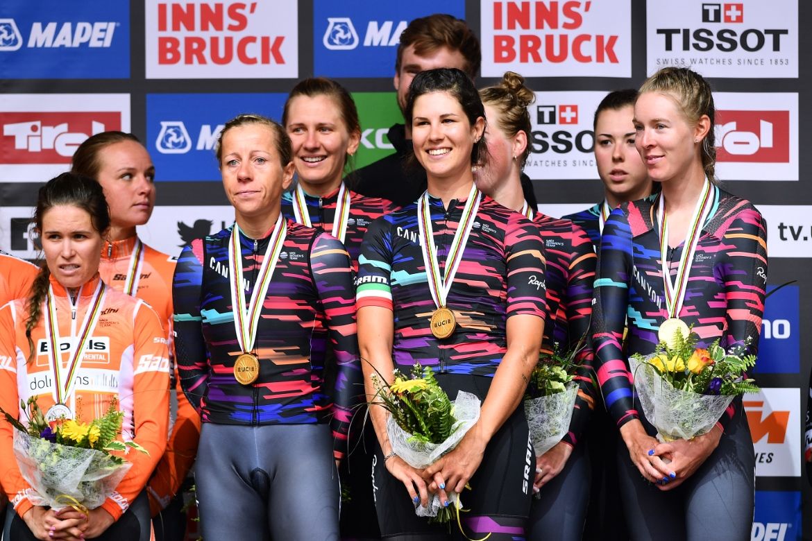 Canyon-SRAM on the podium after winning the Worlds team time trial.