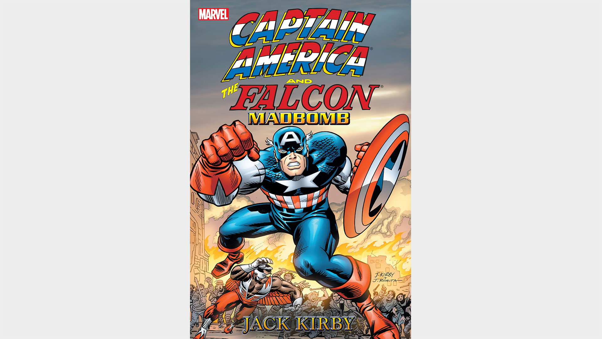 Captain America and the Falcon: Madbomb cover featuring the two characters ready to fight in front of a burning city.