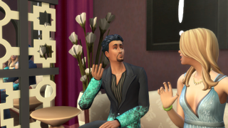 The Sims 4 - Don Lothario sits on a couch in a host club small business entertaining a woman