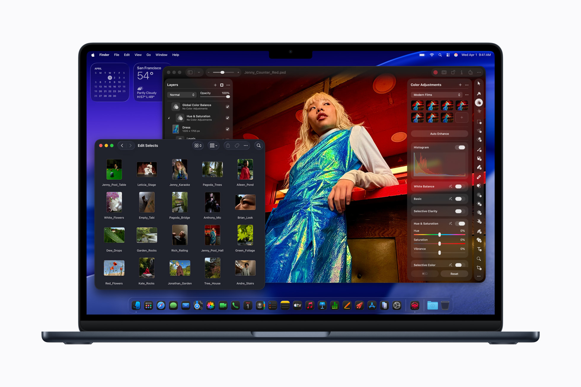 A dark-colored MacBook Air displays the Pixelmator Pro interface with various photo editing windows and a gallery of thumbnail images open.