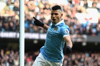 Sergio Aguero celebrates after scoring for Manchester City against Aston Villa in March 2016.