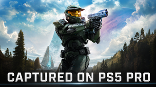 Master Chief stands armed on a Halo ring world backdrop with Forerunner structures in the distance, overlaid with large "Captured on PS5 Pro" text.