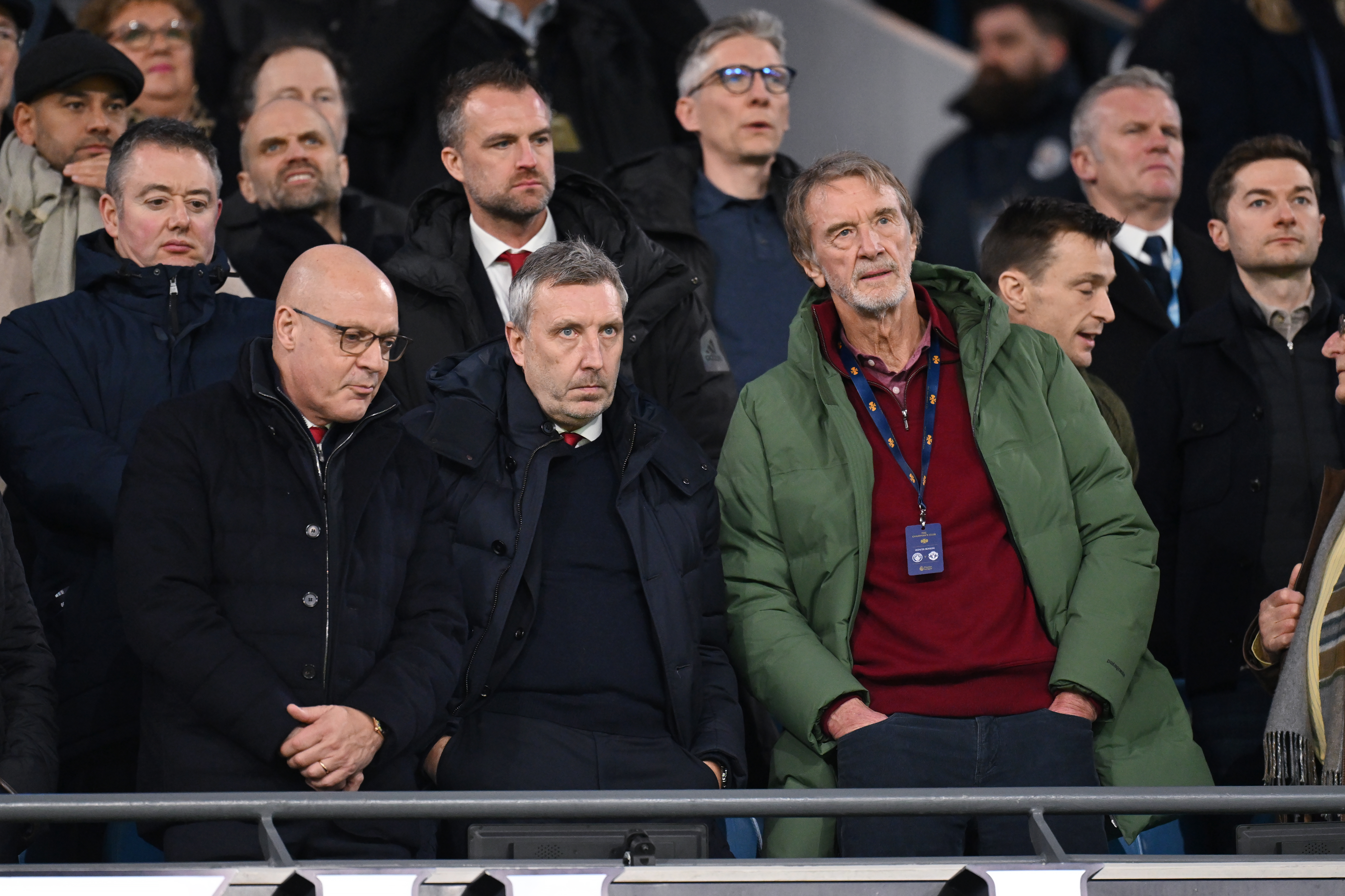 MANCHESTER, ENGLAND - DECEMBER 15: Dave Brailsford, Manchester United Director of Sport, Jason Wilcox, Technical Director of Manchester United, and Sir Jim Ratcliffe, Minority Shareholder of Manchester United, are seen in attendance prior to the Premier League match between Manchester City FC and Manchester United FC at Etihad Stadium on December 15, 2024 in Manchester, England. (Photo by Michael Regan/Getty Images)