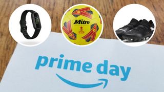 Amazon Prime Day logo with images of a Fitbit, Puma football boots and Mitre football 