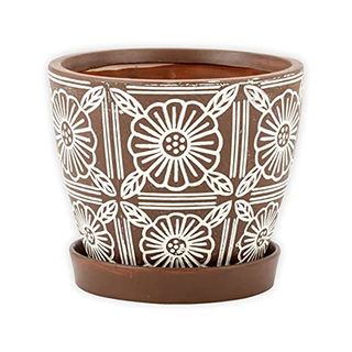 Napco 13947 Rustic Flower White and Brown 5.5 X 5.5 Ceramic Standing Container Garden Planter Pot With Saucer