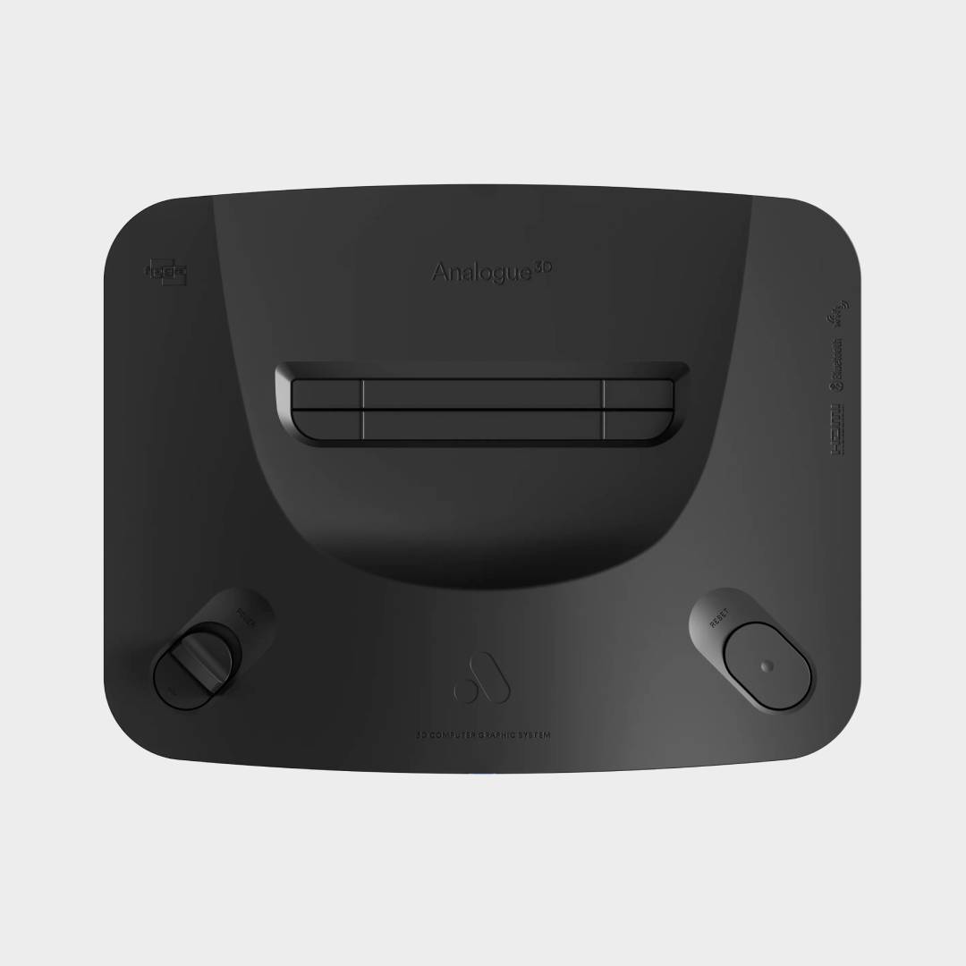 Analogue 3D console in black with grey backdrop.