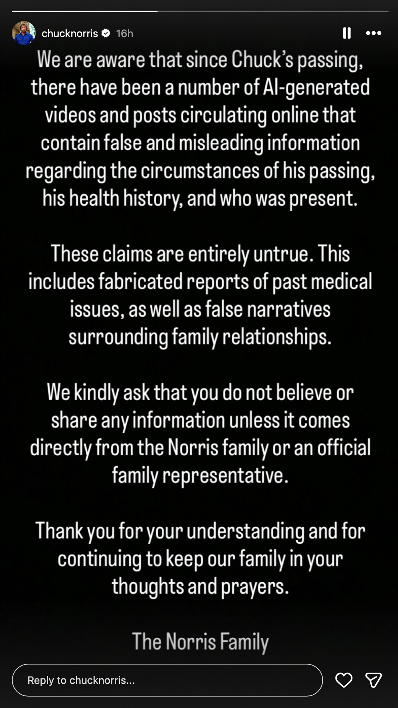Official response from Chuck Norris' family following AI generated videos circulating following his passing.