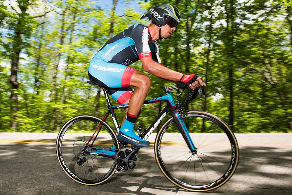 A Team Jamis (USA) rider makes his way up the switchback section of the course.