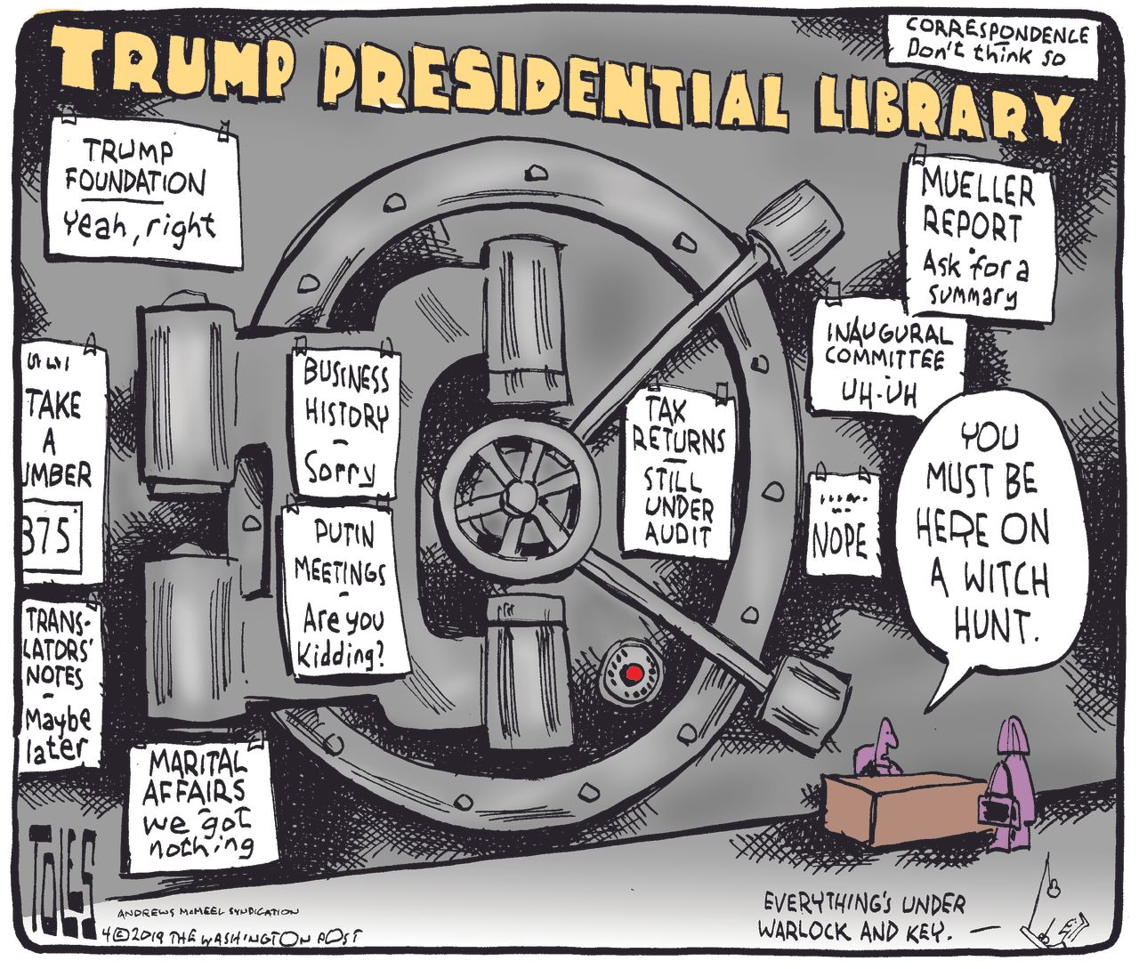 Political Cartoon U.S. Trump presidential library secret files