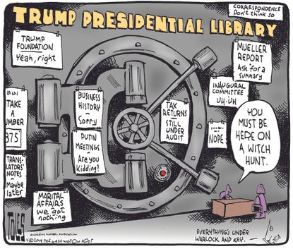 Political Cartoon U.S. Trump presidential library secret files