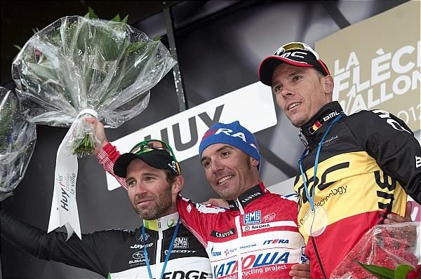 2012 La Fl&egrave;che Wallonne podium (l-r): Michael Albasini, Joaquim Rodriguez and Philippe Gilbert