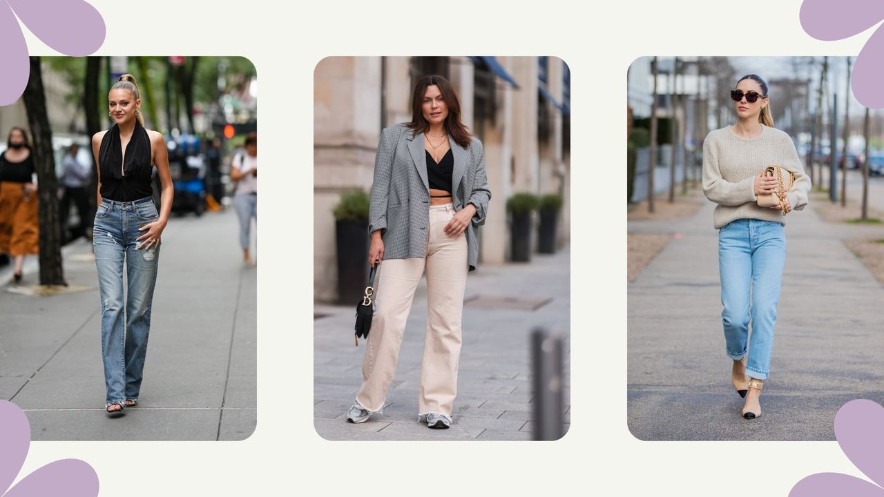 Three women in street style images wearing jeans illustrating how to style straight leg jeans