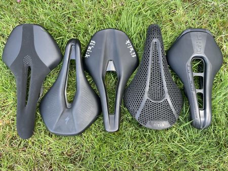 Five of the best women's road bike saddle lined up next to each other