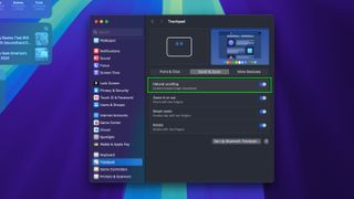 macOS Sequoia running on a MAcBook Pro M3 Max with the Trackpad options menu showing