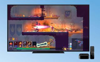 A level in Dead Cells where the hero is shooting a red blast is on a TV connected to the Apple TV.