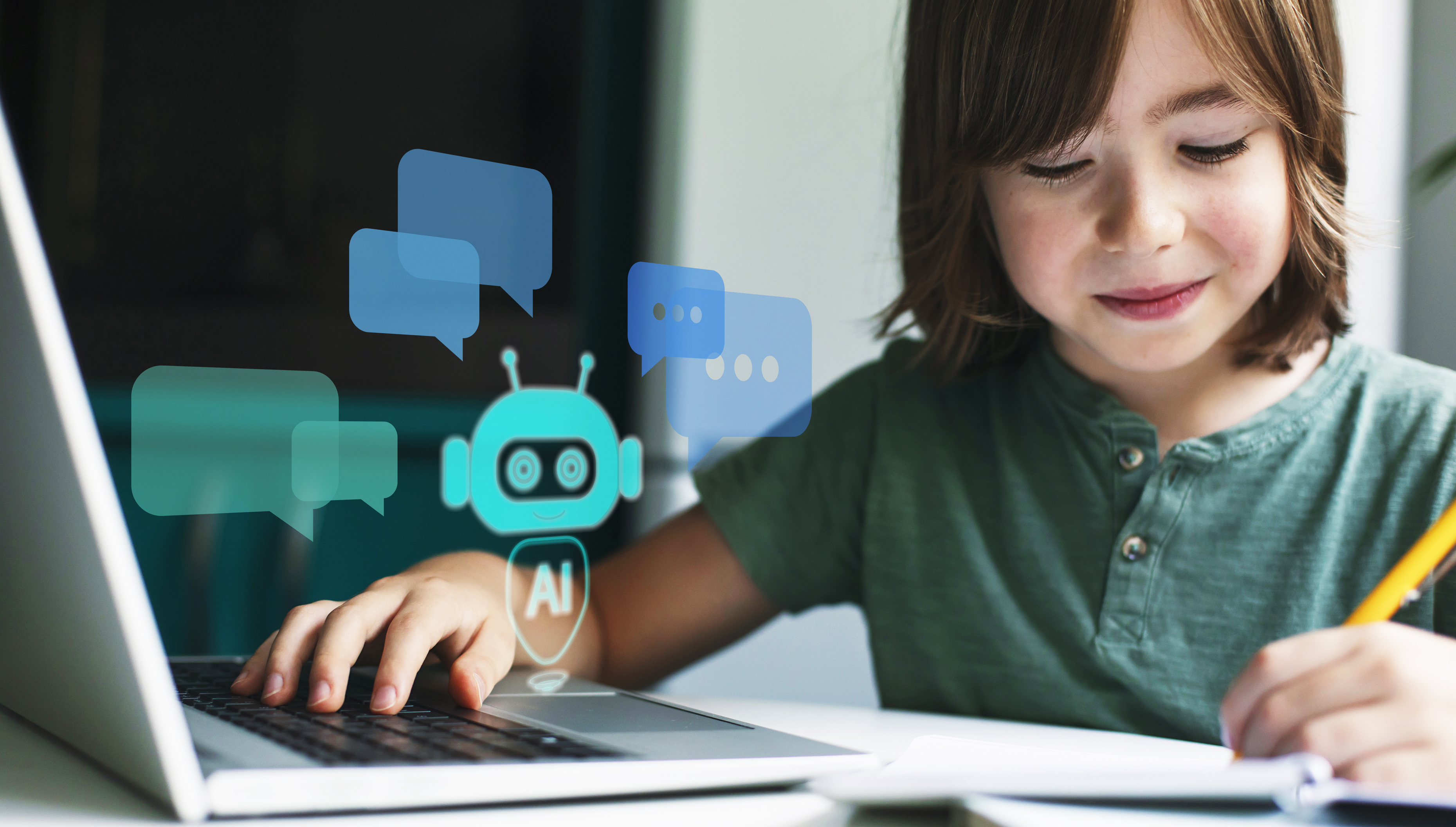 Happy boy using system AI Chatbot in computer or mobile application. Chatbot conversation, Ai Artificial Intelligence technology. Open AI generate. Futuristic technology. Virtual assistant on internet.