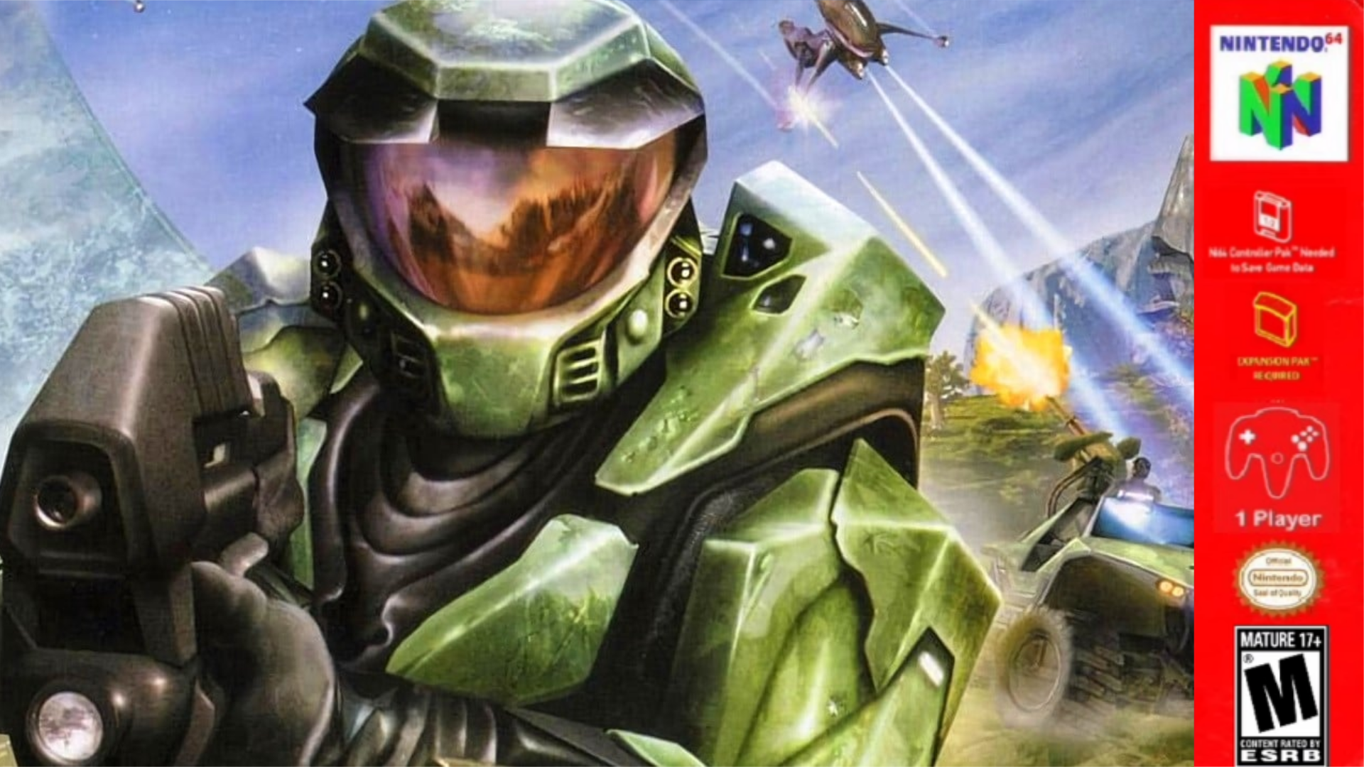 Fan-made Halo-64 Nintendo 64 box art featuring Master Chief holding a pistol, with a Warthog, Covenant Banshee, and Halo ring in the background.
