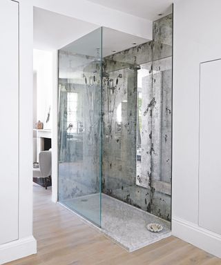 Walk-in shower with glass backsplash and mirrored walls.