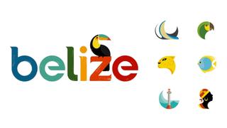 Belize Tourist Board logo in bright colours with toucan; range of different icons on the right to accompany it, such as a lighthouse and a fish.