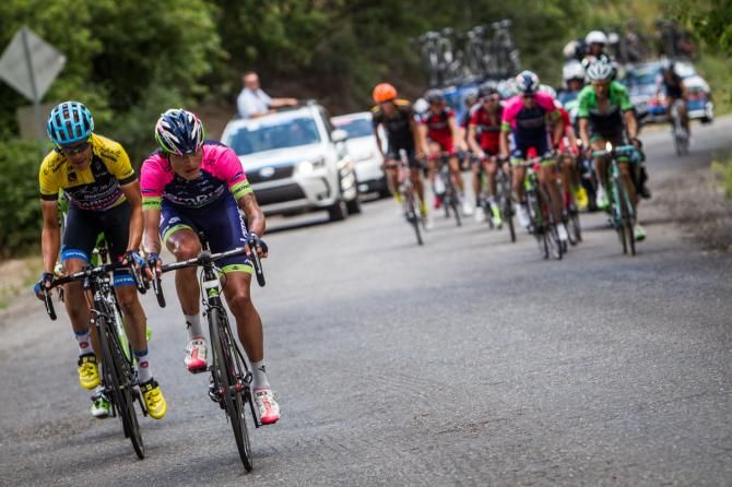 Winner Anacona (Lampre-Merida) attacks the front group