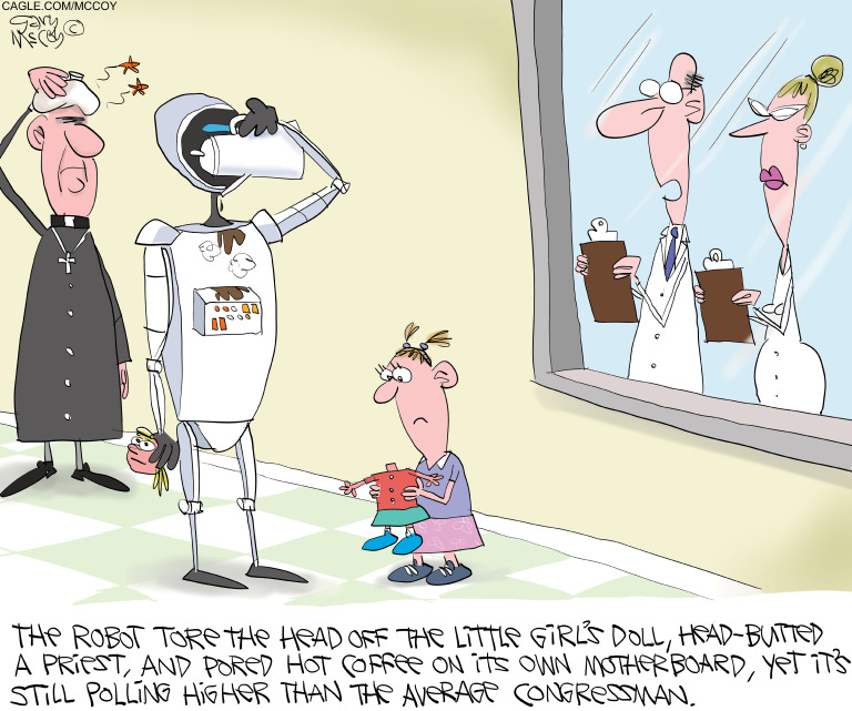 A male and female scientist watch a scene from behind glass. They see a robot pouring coffee on itself, a priest with a hot water bottle on his head and a little girl looking at a headless doll. The male scientist says, &amp;quot;The robot tore the head off the little girl's doll, head-butted the priest, and pored hot coffee on its own motherboard, yet it's still polling higher than the average congressman.&amp;quot;