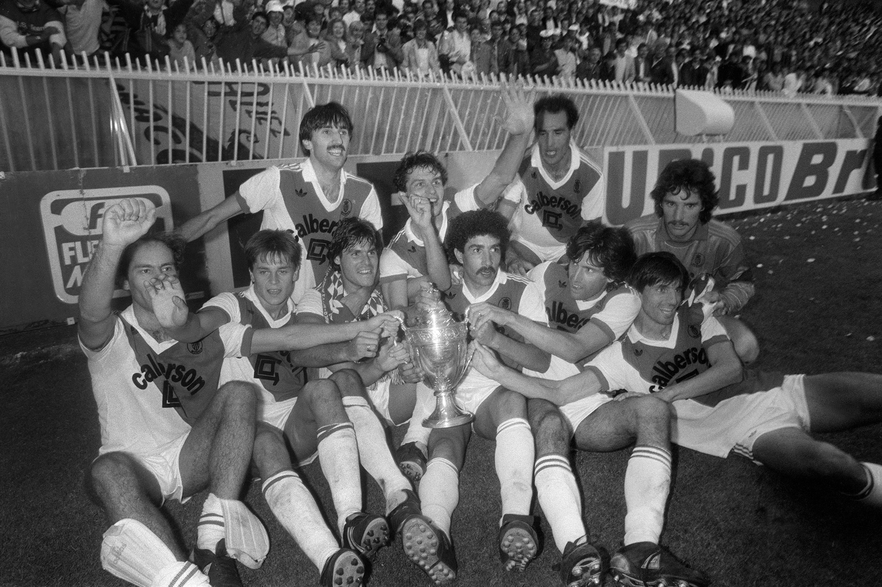 Monaco players celebrate victory over Paris Saint-Germain in the final of the Coupe de France in June 1985.