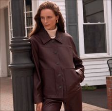 model wearing mari giudicelli x j.crew leather jacket and pants 
