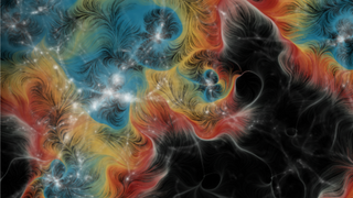 Astronomers have used fast radio bursts (FRBs)— brief, bright radio signals fromdistant galaxies— to pinpoint the location of the universe’s “missing” matter in the spacebetween galaxies. This artist’s conception depicts this ordinary matter in the warm, thin gas inthis region—called the intergalactic medium (IGM)— which has been difficult for scientists todirectly observe until now. Different colors of light travel at different speeds through space. Here,the artist has used blue to highlight denser regions of the cosmic web, transitioning to redderlight for void areas.