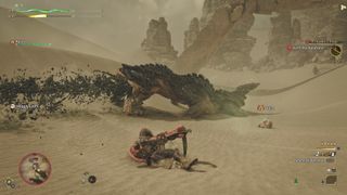 The Balahara in Monster Hunter Wilds zooms across the dunes as the player falls on the sand