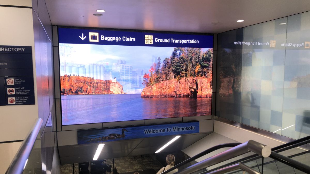 An LED digital display from LG directing peiople to baggage claim and other spots at MSP airport. 