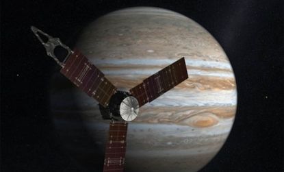 The Juno spacecraft passes in front of Jupiter, in this artist's depiction of an event that is expected to occur in 2016.