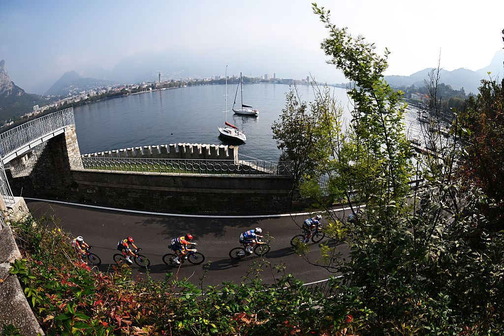 BERGAMO, ITALY - OCTOBER 11: A general view of Andrea Bagioli of Italy, Bauke Mollema of Netherlands and Team Lidl - Trek, Gianmarco Garofoli of Italy and Mattia Cattaneo of Italy and Team Soudal Quick-Step and the peloton passing through a landscape during the 119th Il Lombardia 2025 a 241km one day race from Como to Bergamo on October 11, 2025 in Bergamo, Italy. (Photo by Dario Belingheri/Getty Images)