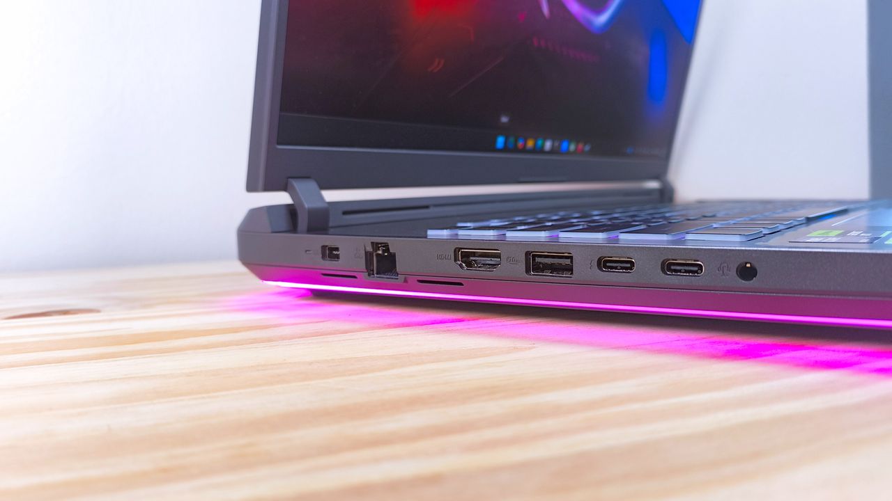 Close up of the ports on the left side of the Asus ROG Strix G18